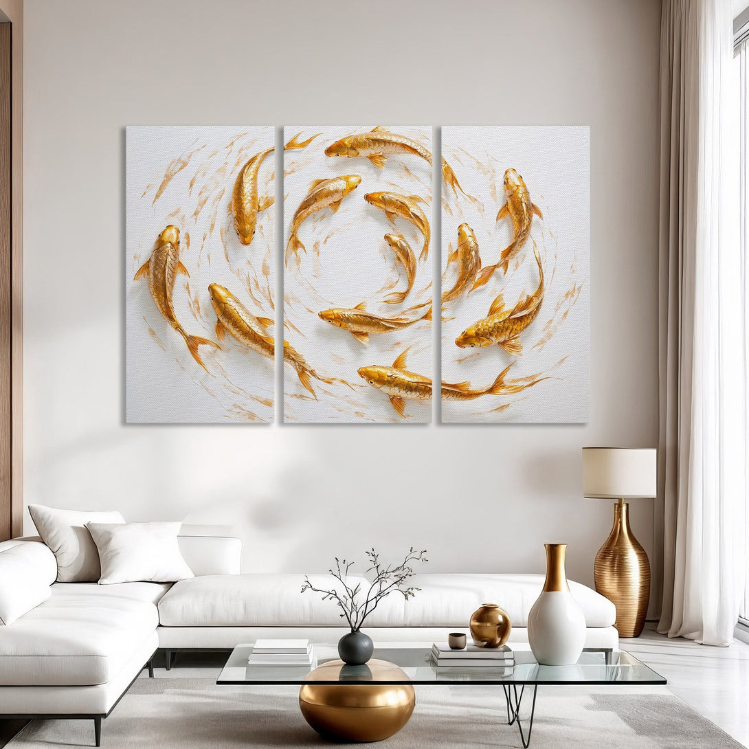 Gold koi fish Canvas Print art in a modern, minimalist interior. Warm, neutral color palette. Perfect for living room decor.