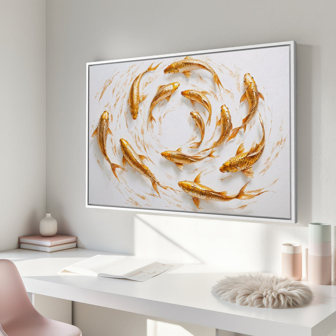 Framed Wall Art: Golden koi fish painting in a modern style. Neutral palette with gold accents. Perfect for adding elegance to any space.