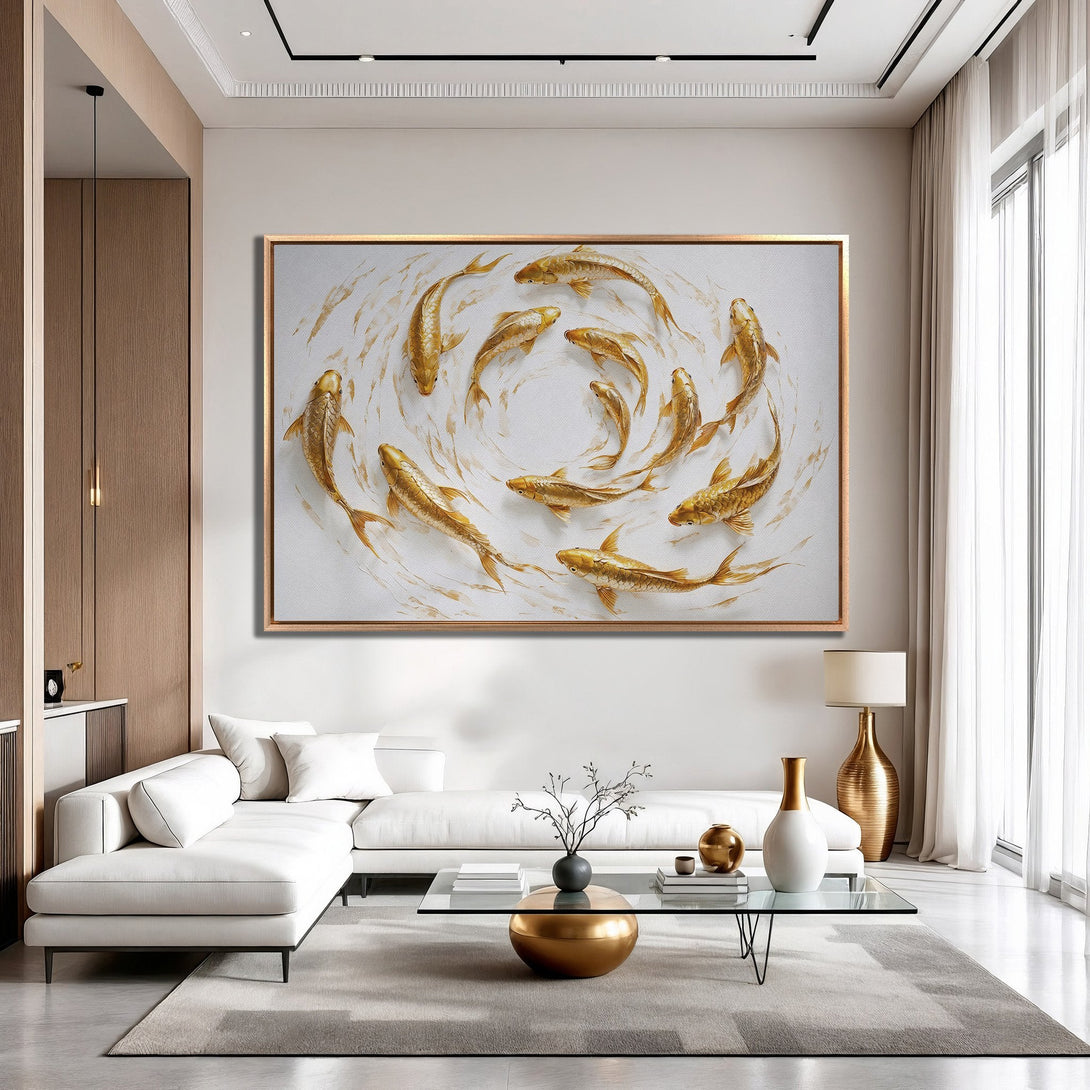 Framed Wall Art: Golden koi fish swimming in a circle. Modern, minimalist style with a neutral, gold, and white color palette. Perfect for home decor.