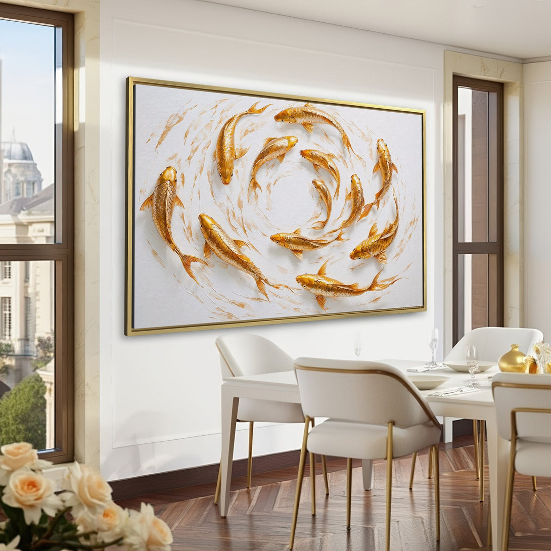 Canvas Print of golden koi fish art in a luxurious interior. Elegant, modern style with a gold and white color palette. Add a touch of zen to your space!
