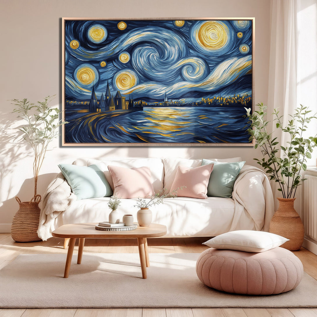 Framed Wall Art: "Starry Night" style canvas print in a living room. Blue, yellow, and gold palette adds a touch of art to any space. Shop now!
