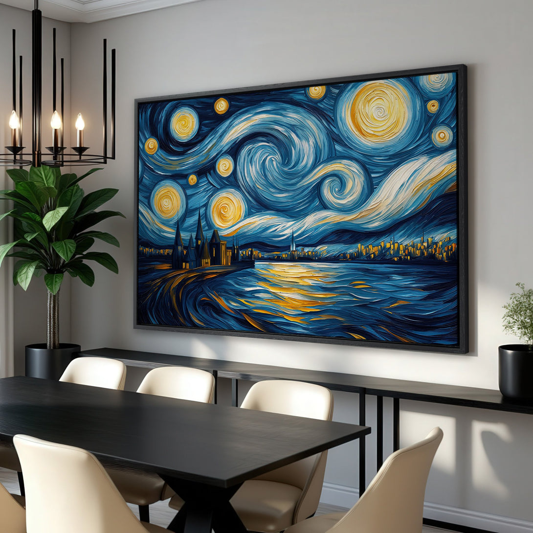 Framed Wall Art of a starry night landscape in a dining room. Blue & gold color palette, impressionist style. Enhance your space with this Canvas Print.