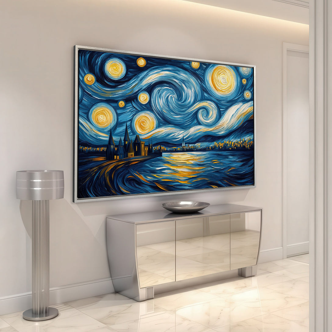 Framed Wall Art: "Starry Night" inspired Canvas Print. Blue, yellow, and white impressionist painting adds artistic flair to any interior. Buy yours today!