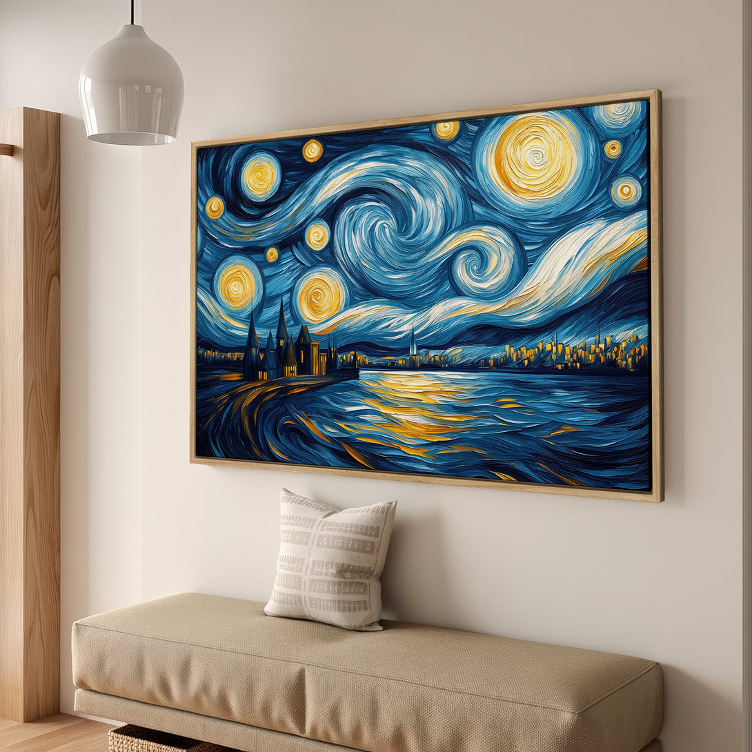 Framed Wall Art: Starry night scene in blue and yellow, impressionist style. Stunning canvas print for living room decor.