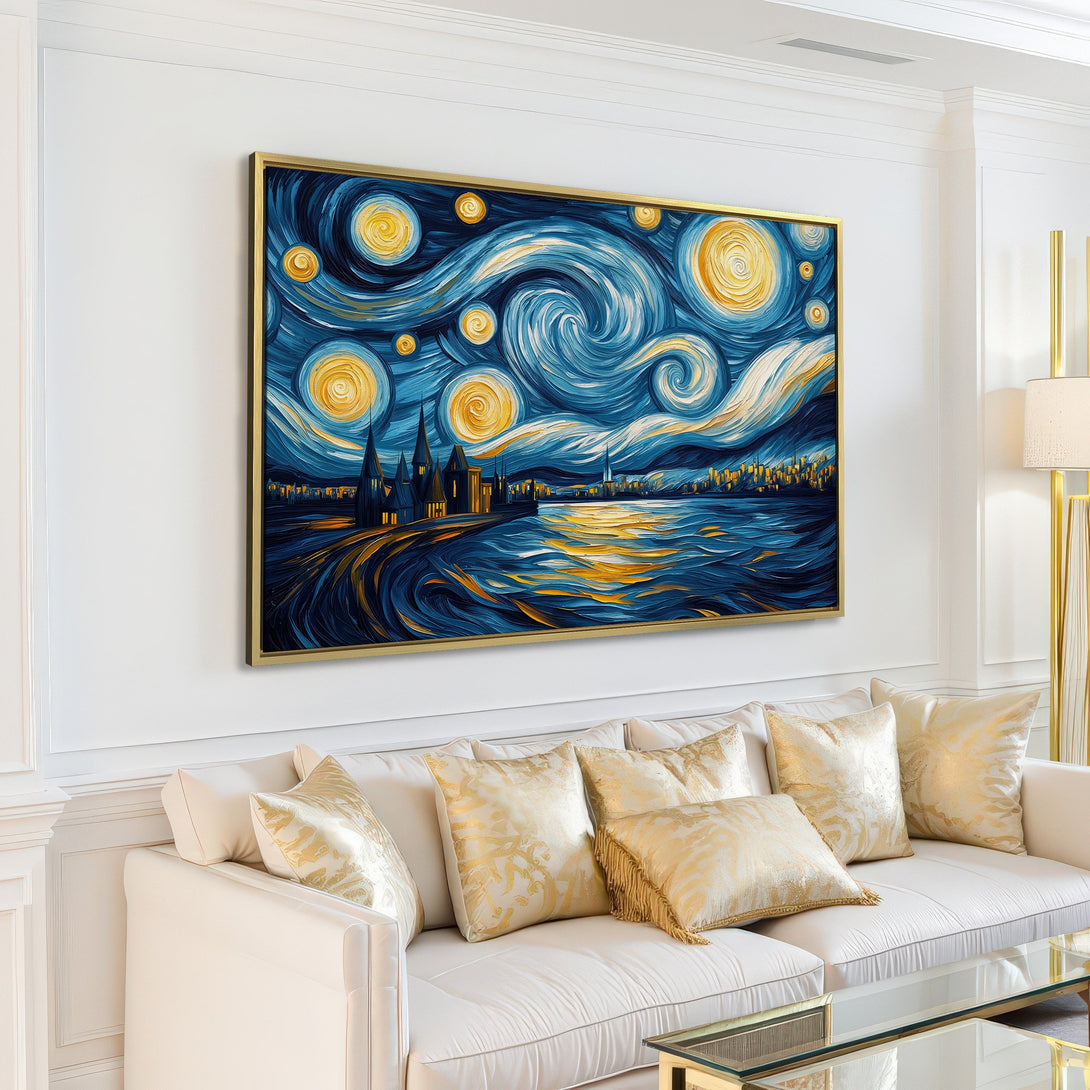 Canvas Print of a starry night landscape in a Van Gogh style, featuring blue, yellow, and gold hues, displayed in a modern living room.