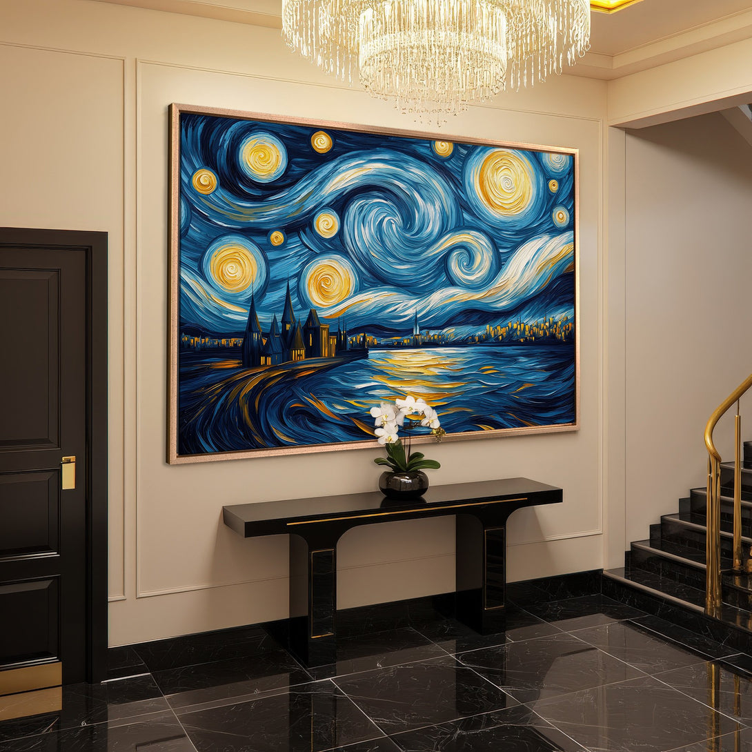 Framed Wall Art: "Starry Night" Canvas Print in a luxury interior. Features a blue, yellow, and white palette. Perfect for adding artful elegance.