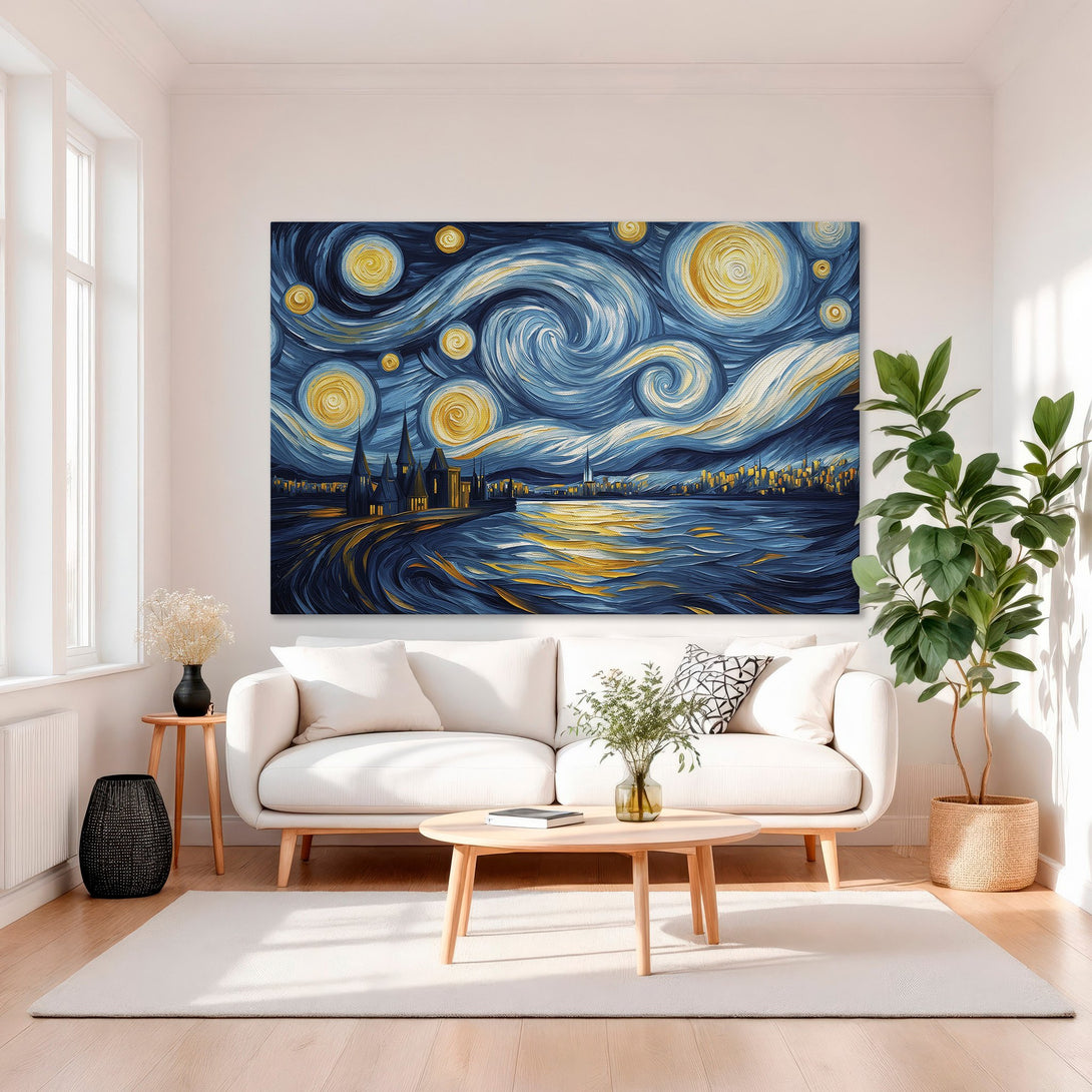 Framed Wall Art featuring a starry night landscape in a classic, impressionistic style. Blue, gold, and yellow color palette. Perfect for your living room!