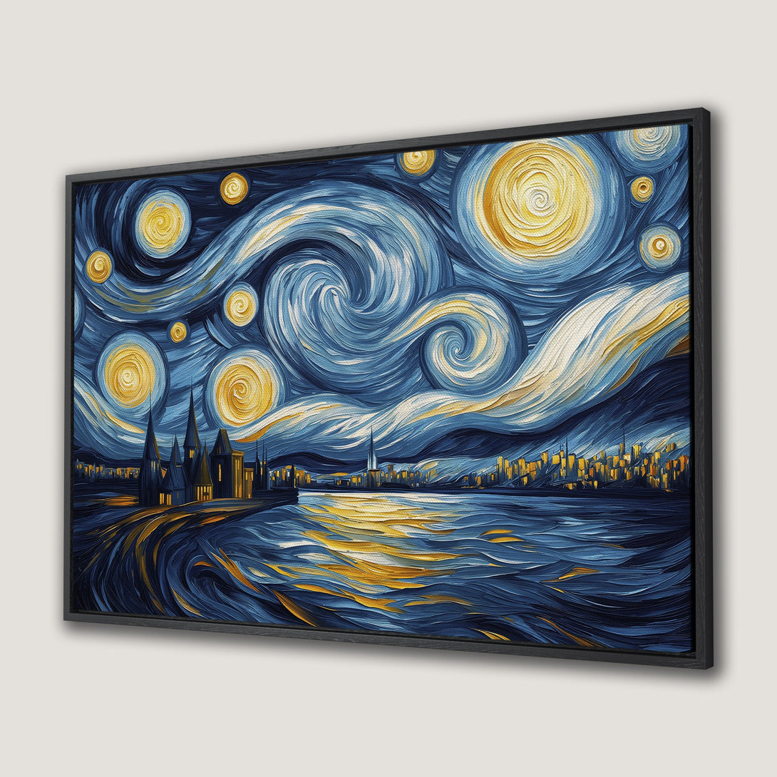 Framed Wall Art Canvas Print of a starry night cityscape in blue and gold, inspired by Van Gogh, adding a touch of art to your home.