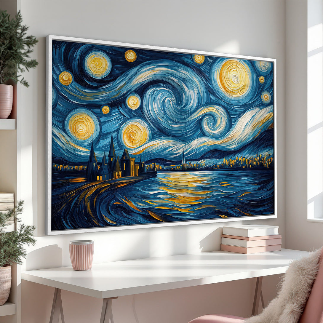 Framed Wall Art: "Starry Night" style canvas print. Blue, yellow, and white swirling sky over a city landscape. Perfect for modern home decor.