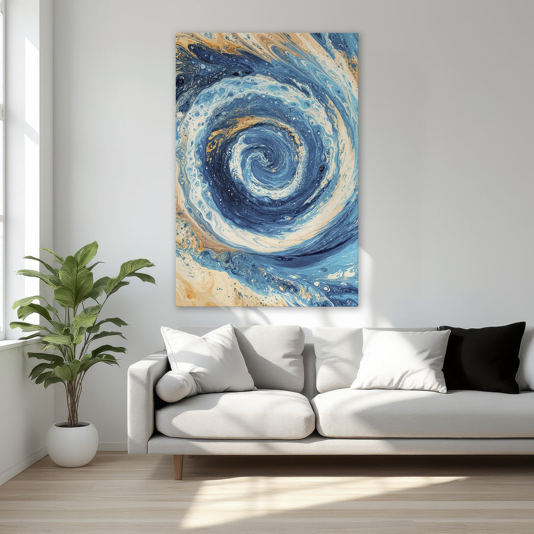 Framed Wall Art: Abstract blue and gold swirl canvas print. Modern art decor for bedroom. Enhance your space with this elegant, eye-catching artwork.