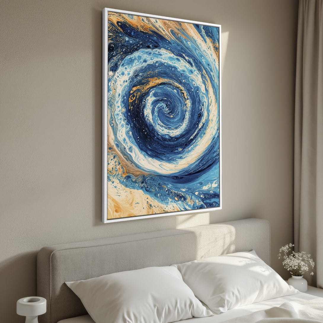 Framed Wall Art: Abstract blue and gold swirl canvas print. Modern art for bedroom decor. Coastal color palette. Enhance your space!