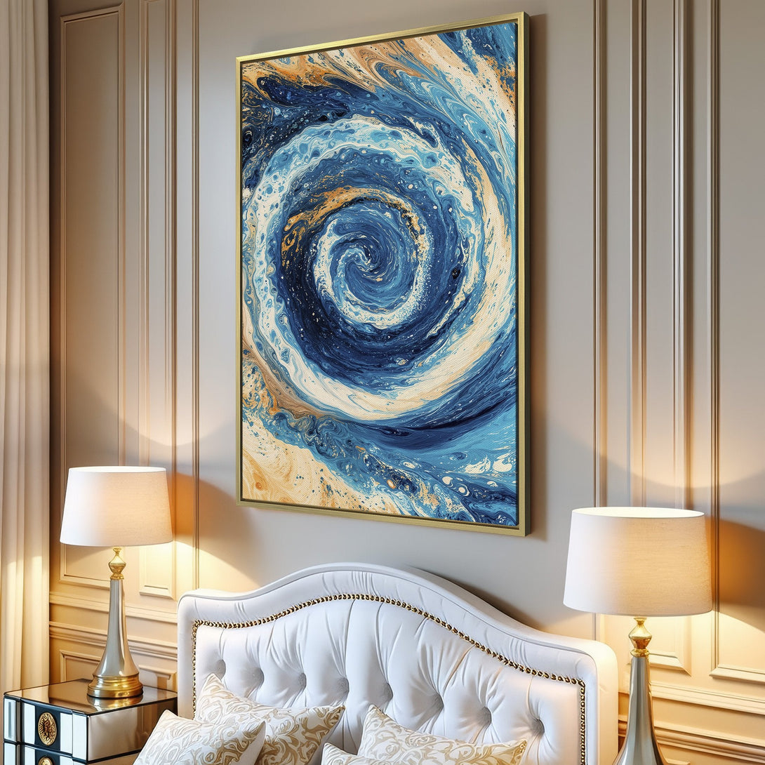 Abstract Canvas Print with a blue, white, and gold swirl design. Modern art perfect for any living room. Shop now!