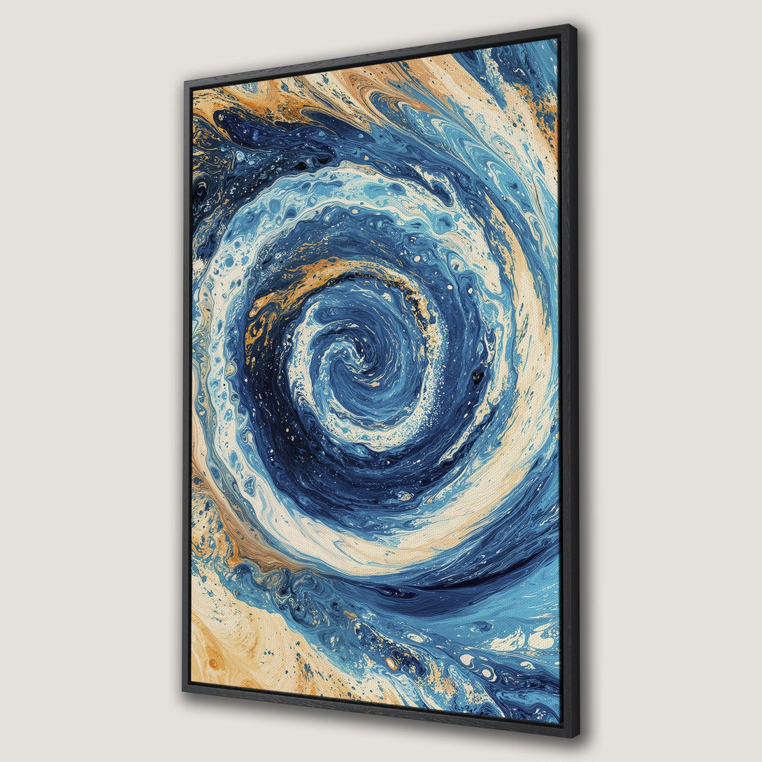 Framed Wall Art: Abstract swirl in blue, gold, and cream. Modern canvas print for a stylish home. Shop now for unique wall decor!
