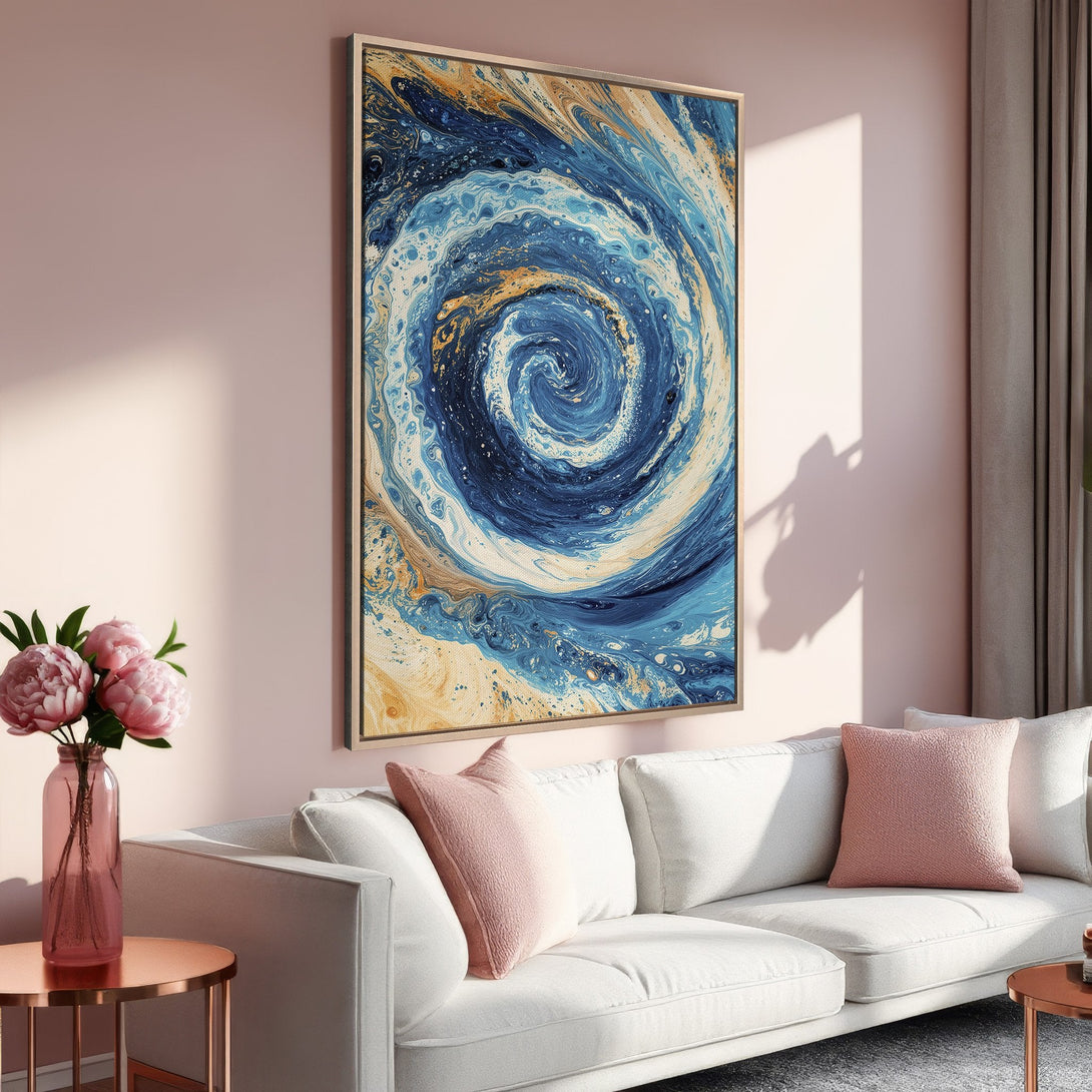 Framed Wall Art: Abstract blue & gold swirl Canvas Print. Modern art for living room. Soft pink & white interior design.