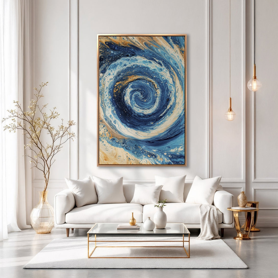 Framed Wall Art: Abstract blue and gold swirl canvas print. Modern art for living room. Stylish decor with a calming color palette.