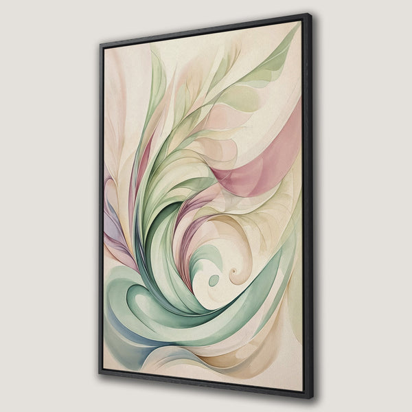 Framed Wall Art featuring an abstract floral design in soft watercolor style. Pastel color palette of greens, pinks, and creams. Perfect for modern decor.