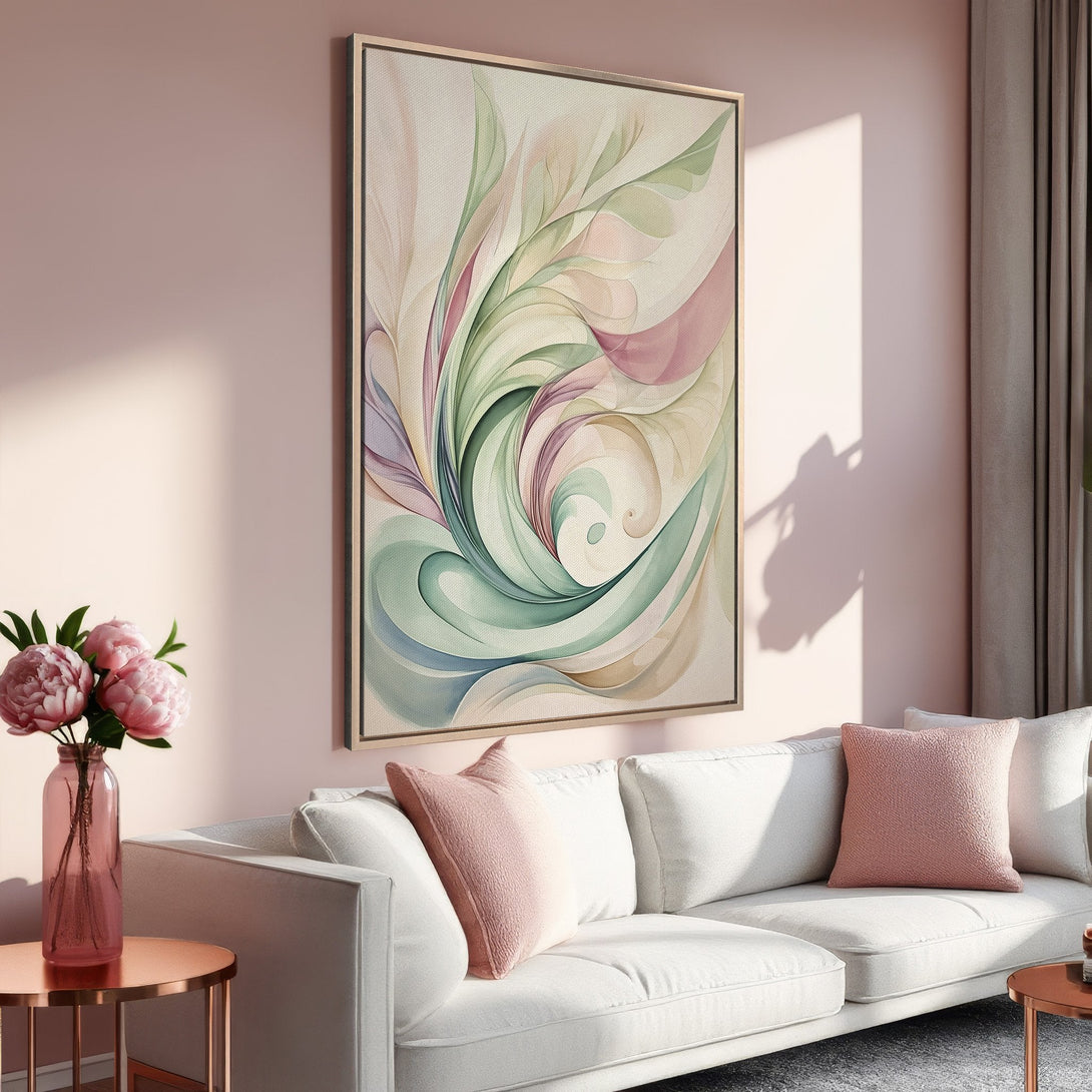 Framed Wall Art featuring an abstract floral design in soft pastel colors. Perfect for adding a touch of elegance to any living room.