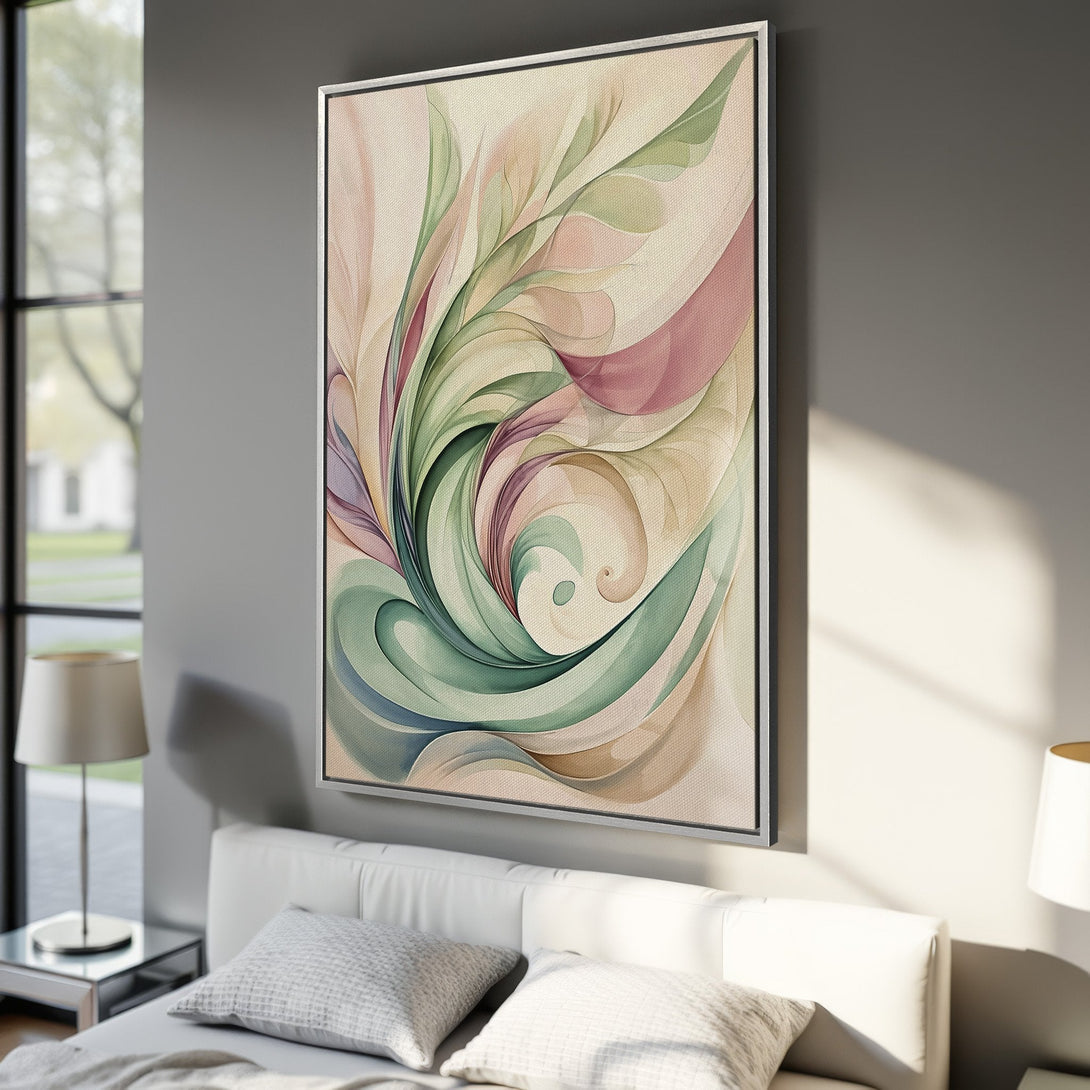 Framed Wall Art featuring an abstract floral design in soft pink, green, and beige tones. Perfect for adding a touch of elegance to any bedroom decor.