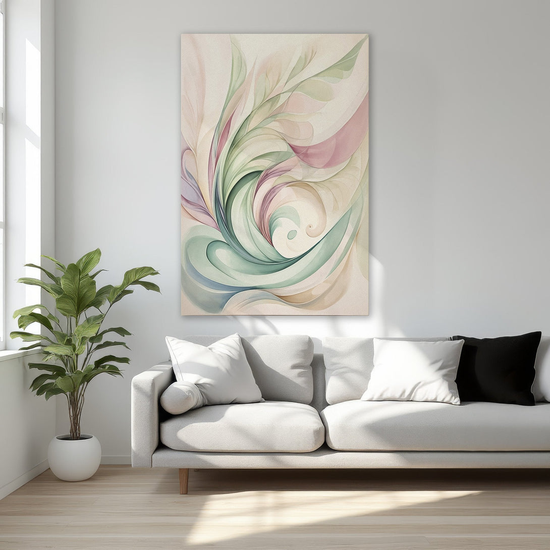 Framed Wall Art: Abstract floral design in pastel colors. Elegant Canvas Print with soft green, pink, and cream tones. Perfect for bedroom decor.