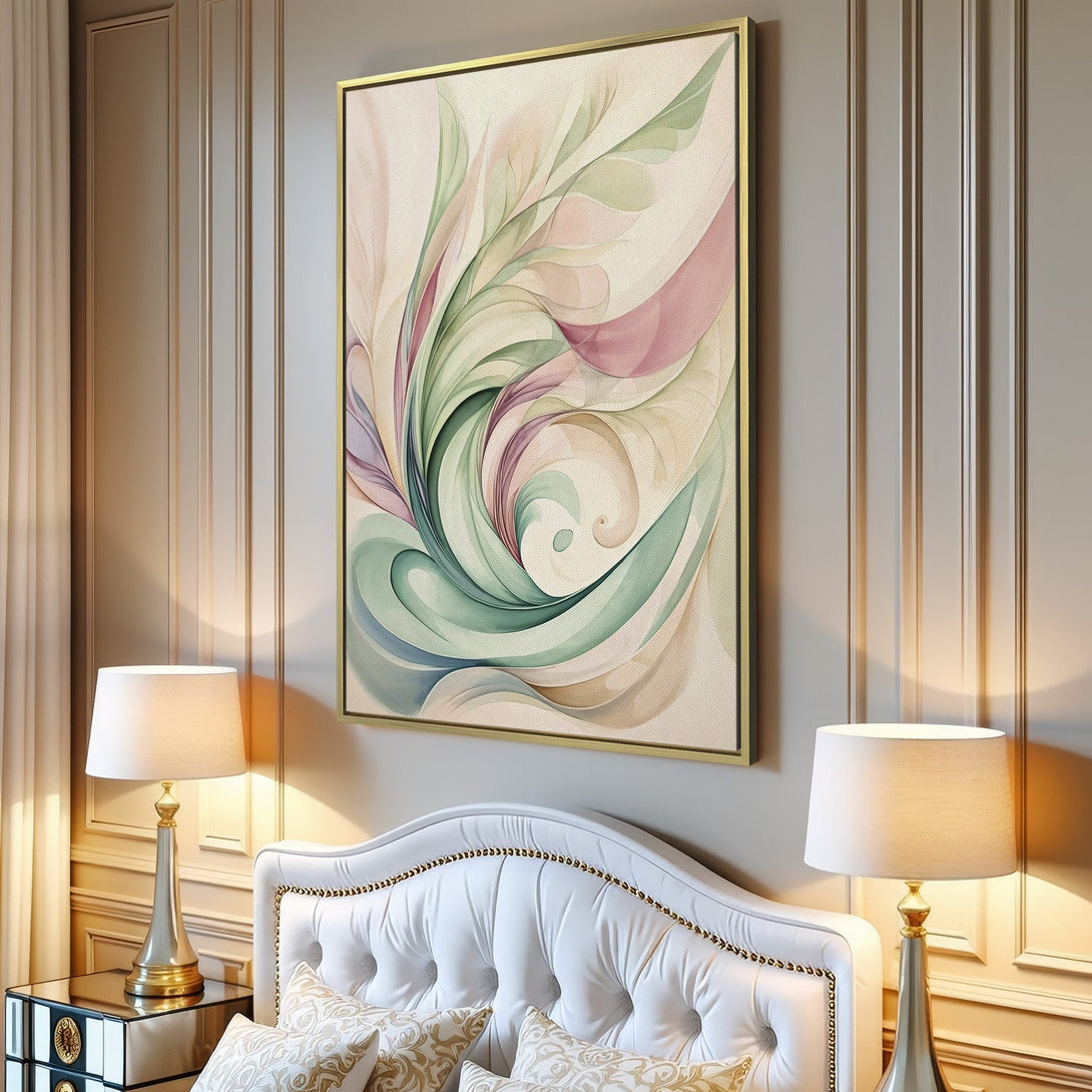 Canvas Print featuring an abstract floral design in pastel pink, green, and blue hues. Modern art perfect for home decor.