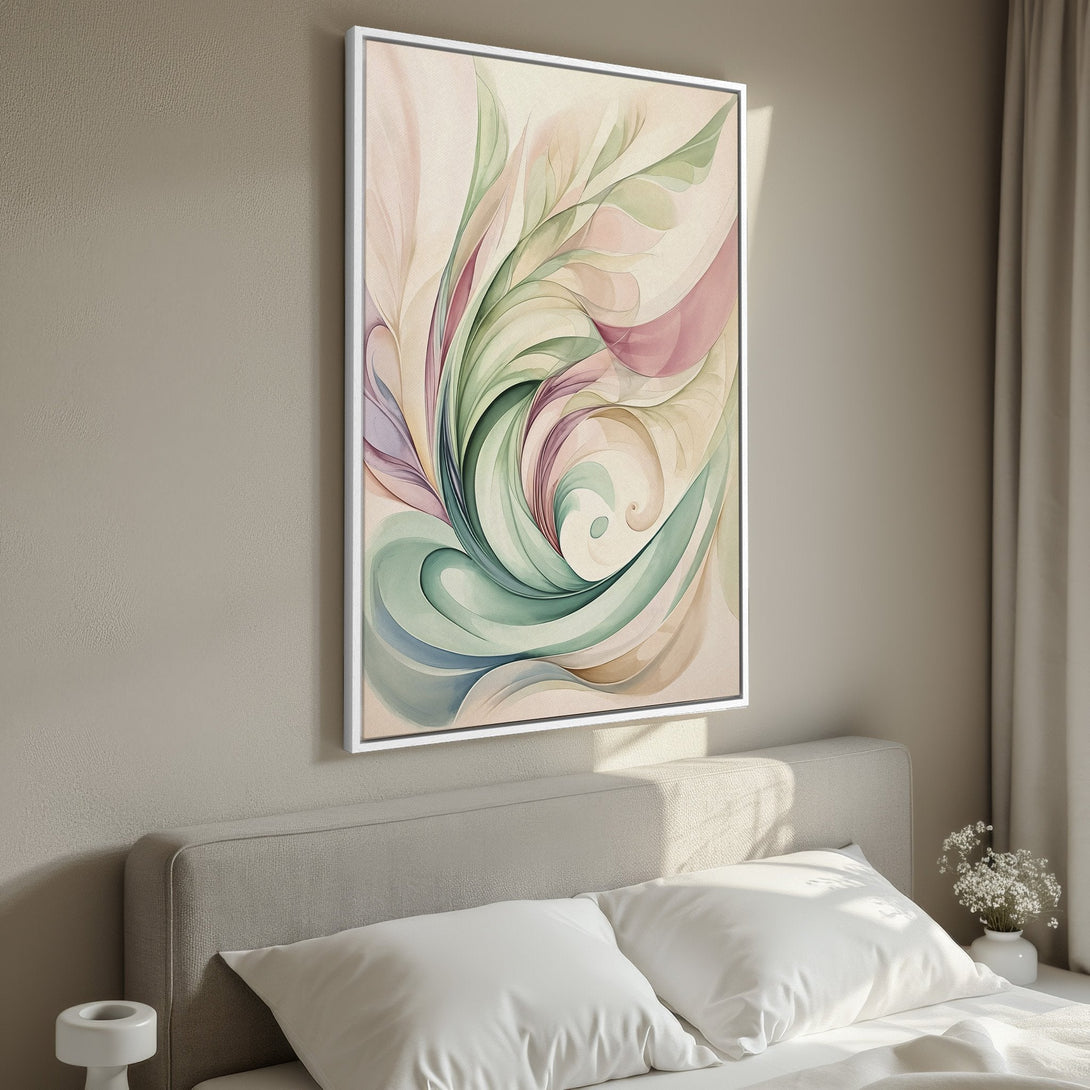 Framed Wall Art: Abstract watercolor print in soft pastel colors, perfect for bedroom decor. Featuring green, pink, and neutral tones. Elevate your space!