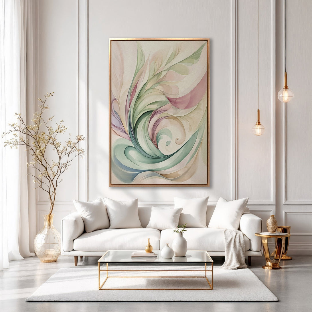 Framed Wall Art featuring an abstract watercolor design in soft pastel hues of green, pink, and beige. Enhance your living room with this elegant canvas print!