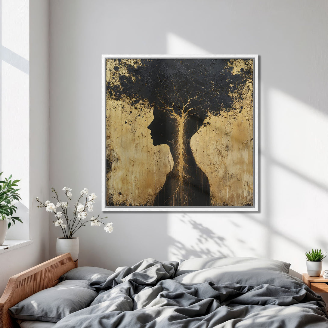 Framed Wall Art: Abstract silhouette Canvas Print with gold and black tones, perfect for bedroom decor. Modern art with a touch of elegance.