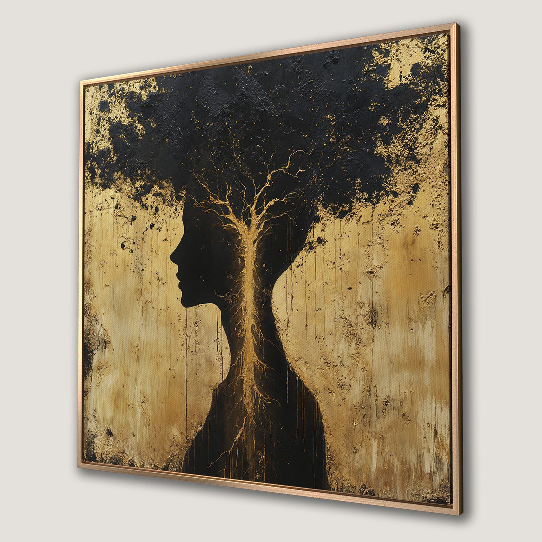 Framed Wall Art: Abstract silhouette with tree-like design in black and gold. Modern canvas print, perfect for adding a touch of elegance to your home decor.
