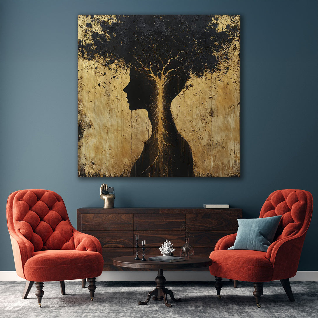 Framed Wall Art: Abstract silhouette Canvas Print in black and gold, adding a touch of modern elegance to any interior. Warm, neutral color palette.