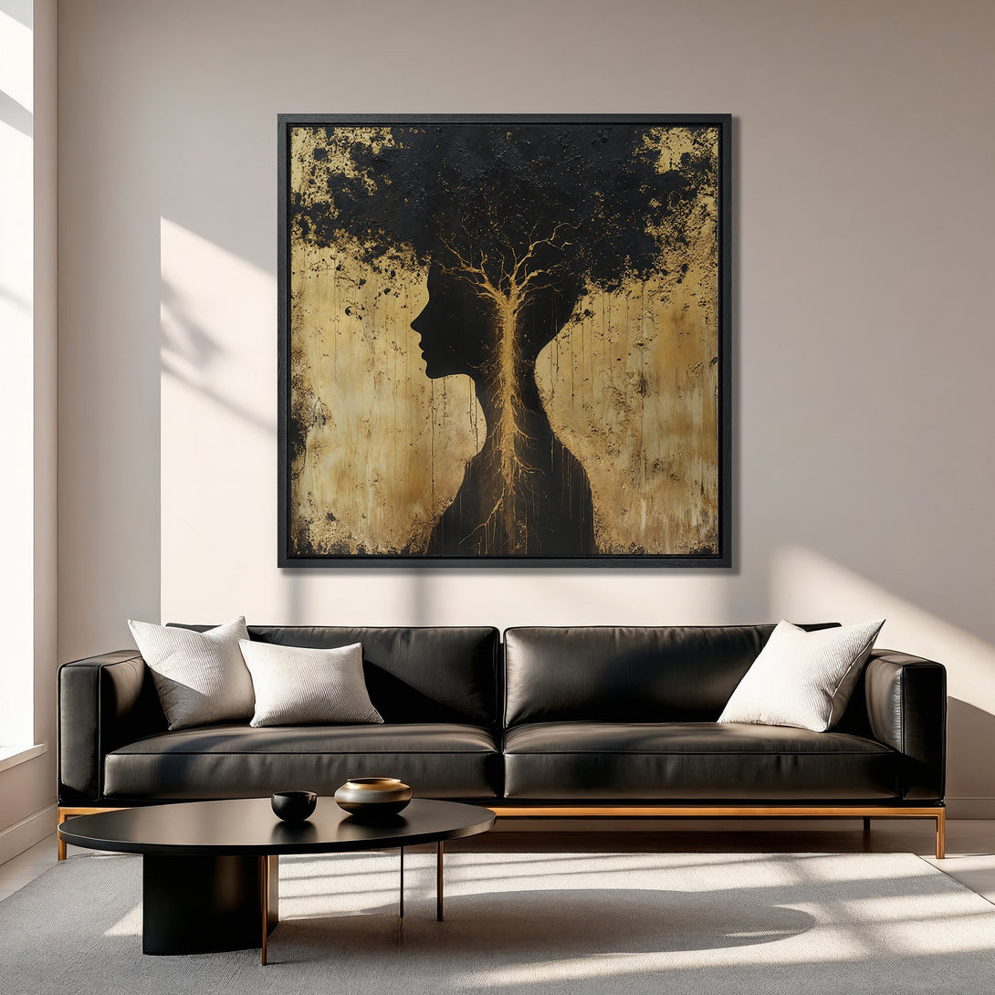 Framed Wall Art: Abstract silhouette canvas print in black and gold, perfect for modern home decor. Adds a touch of elegance with its neutral color palette.