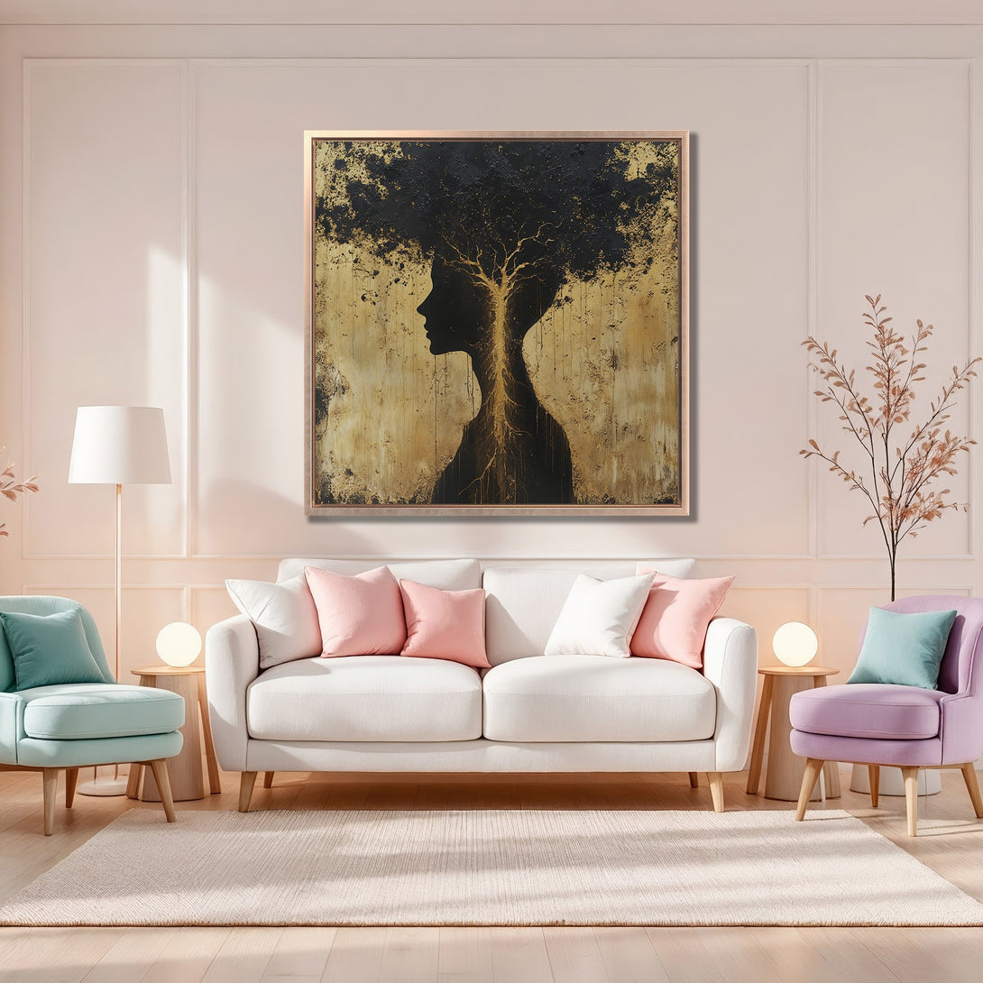 Framed Wall Art featuring a silhouette with tree-like hair, gold and black abstract art. Modern decor in a soft color palette. Elevate your space!