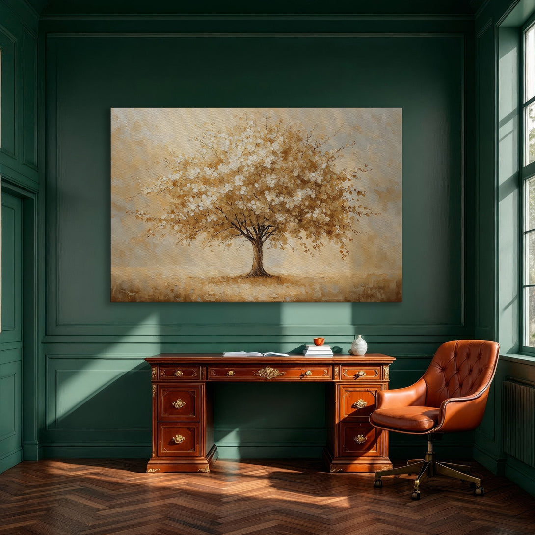 Framed Wall Art: Abstract tree painting in warm gold and beige tones, perfect for adding a touch of elegance to any dining room.
