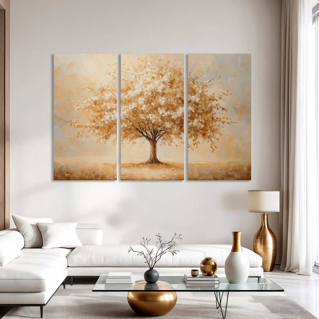 Canvas Print of a tree in warm gold tones. Abstract art style, perfect for living room decor. Adds a touch of elegance to any space.
