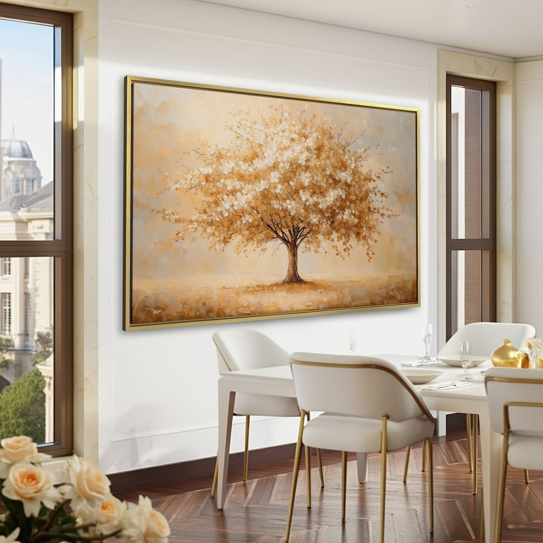Canvas Print of a serene tree painting in warm gold tones, displayed in a luxurious green-walled interior. Perfect wall art for any room!