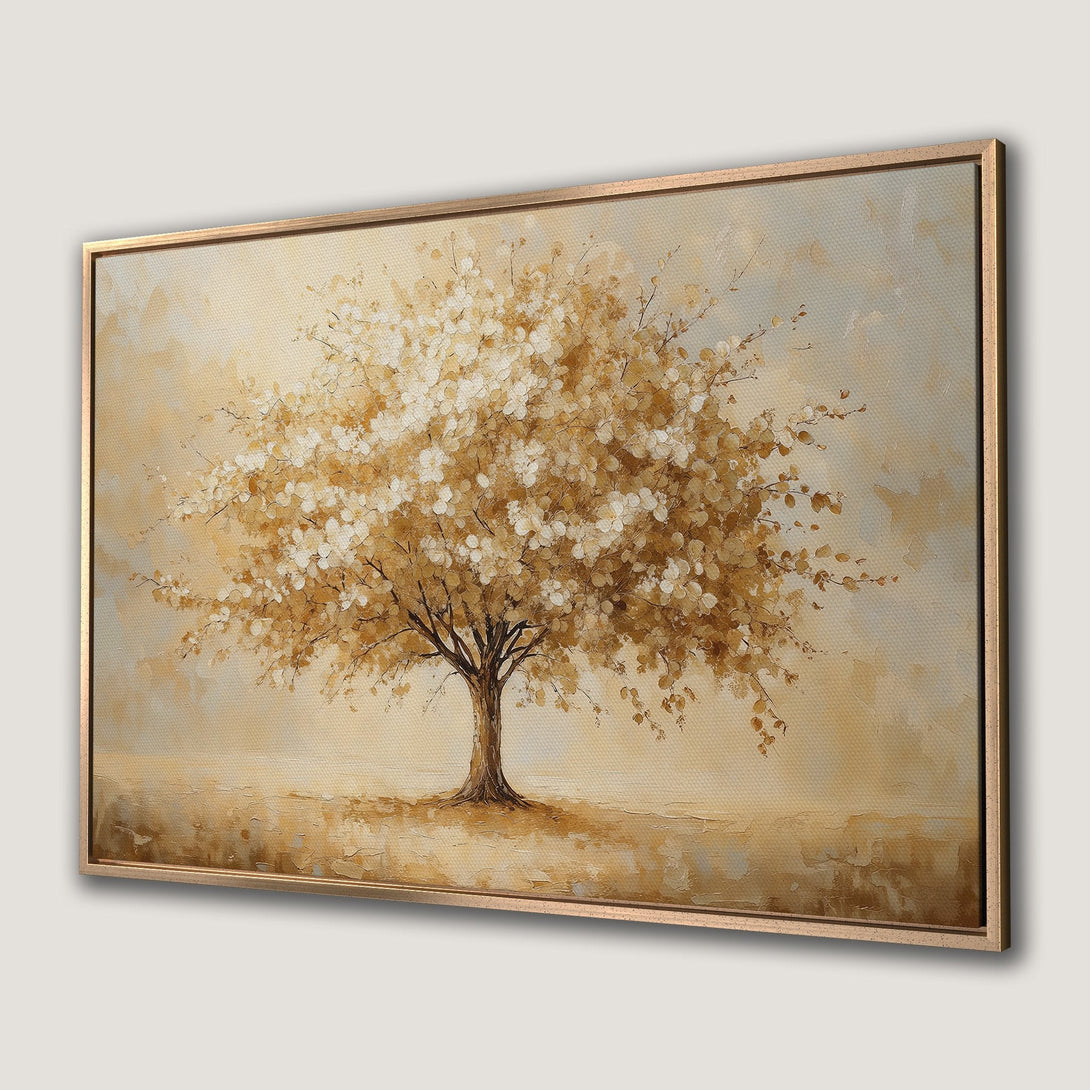 Framed Wall Art featuring a golden tree painting with a warm, neutral color palette. Perfect for adding a touch of nature to your home decor.