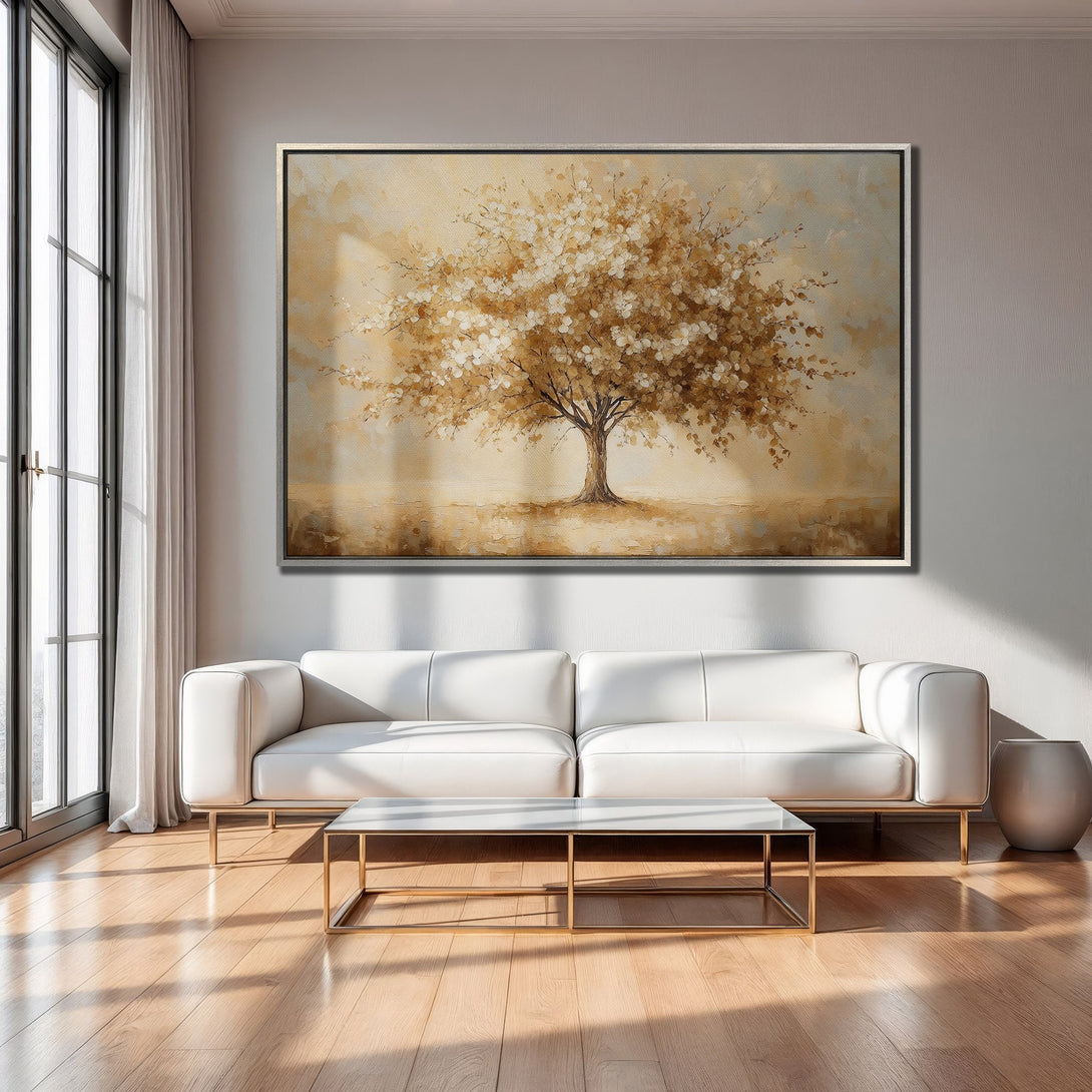 Framed Wall Art of a tree in warm neutral tones. Modern abstract style canvas print adds elegance to any living room.