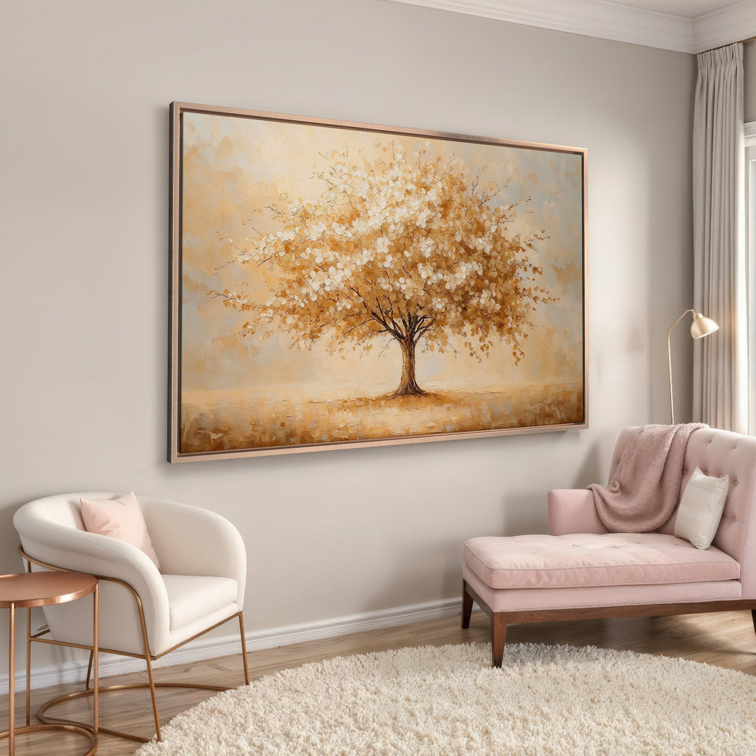 Framed Wall Art featuring a golden tree painting. Warm, neutral color palette. Perfect for adding a touch of elegance to your home decor.