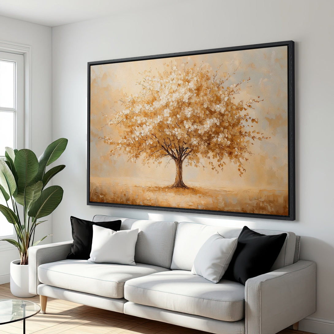 Framed Wall Art: Abstract tree painting with warm gold and neutral tones. Modern art canvas print adds elegance to any interior.
