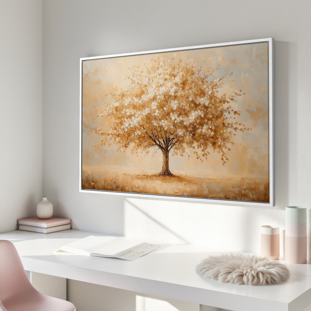 Framed Wall Art: Abstract tree painting in warm gold and beige tones. Modern canvas art for a cozy interior. Shop now and elevate your space!