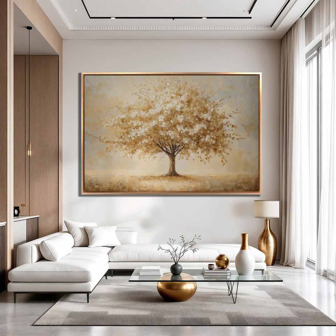 Framed Wall Art: Abstract gold tree painting. Neutral color palette complements modern interior design. Elevate your space with this stunning canvas print.