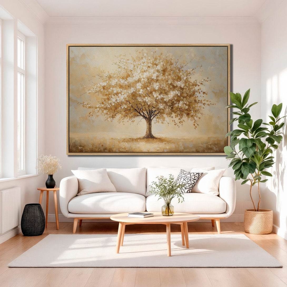 Framed Wall Art: Abstract tree painting in warm gold and beige tones. Modern canvas print adds a touch of nature and elegance to any living room.