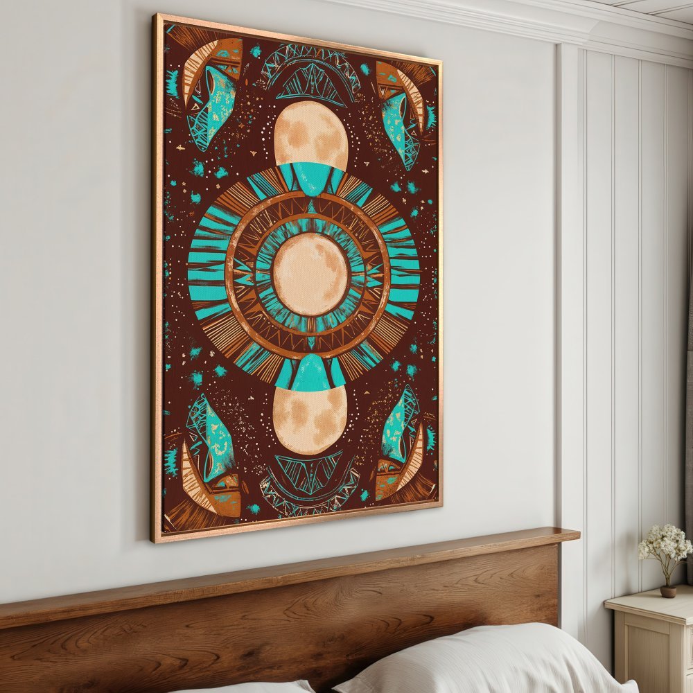 Framed Wall Art: Abstract celestial design in teal, brown, and gold. Boho style canvas print adds artistic flair to any space. Shop now!