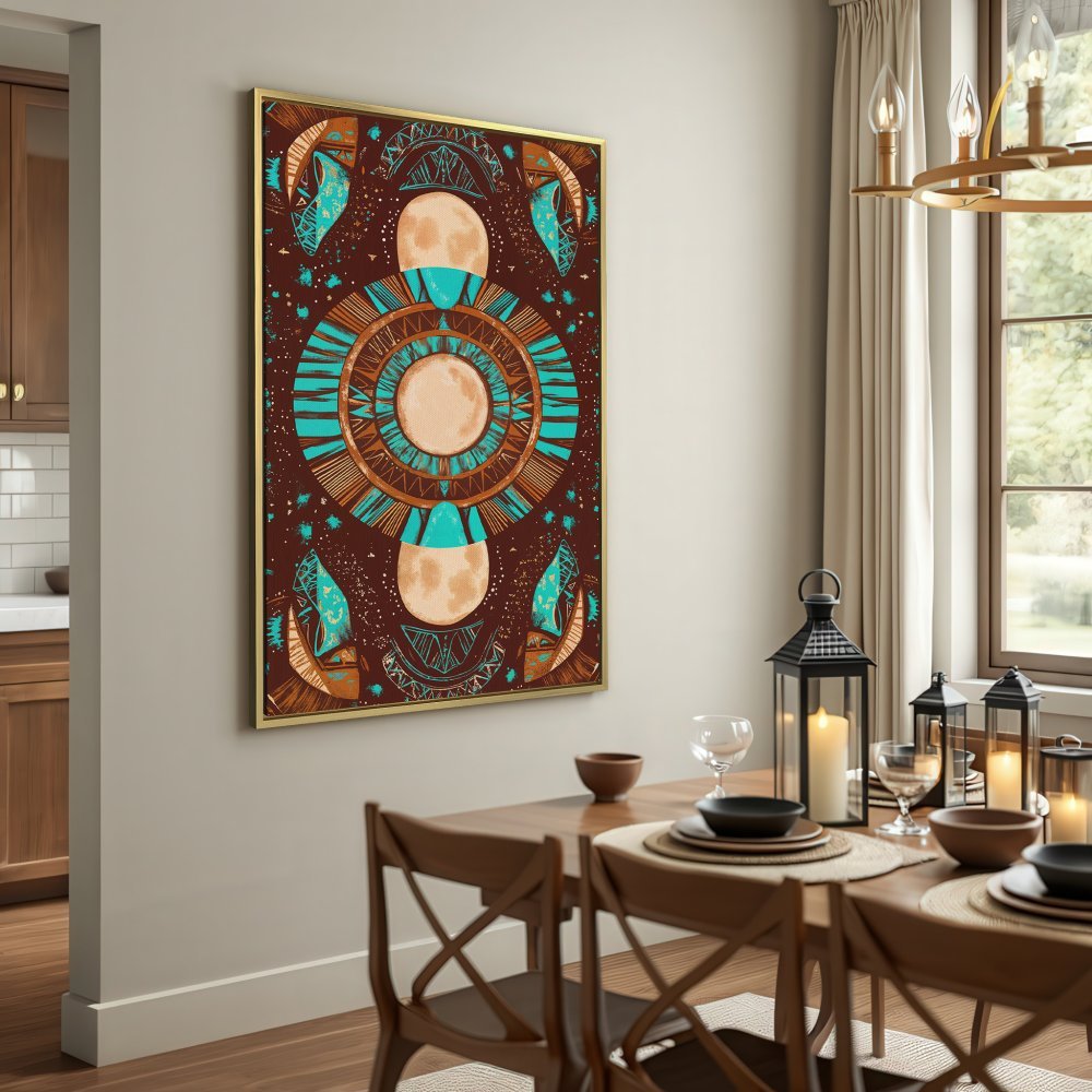 Canvas Print featuring a celestial design in brown, teal, and gold. Perfect bohemian wall art for your home!