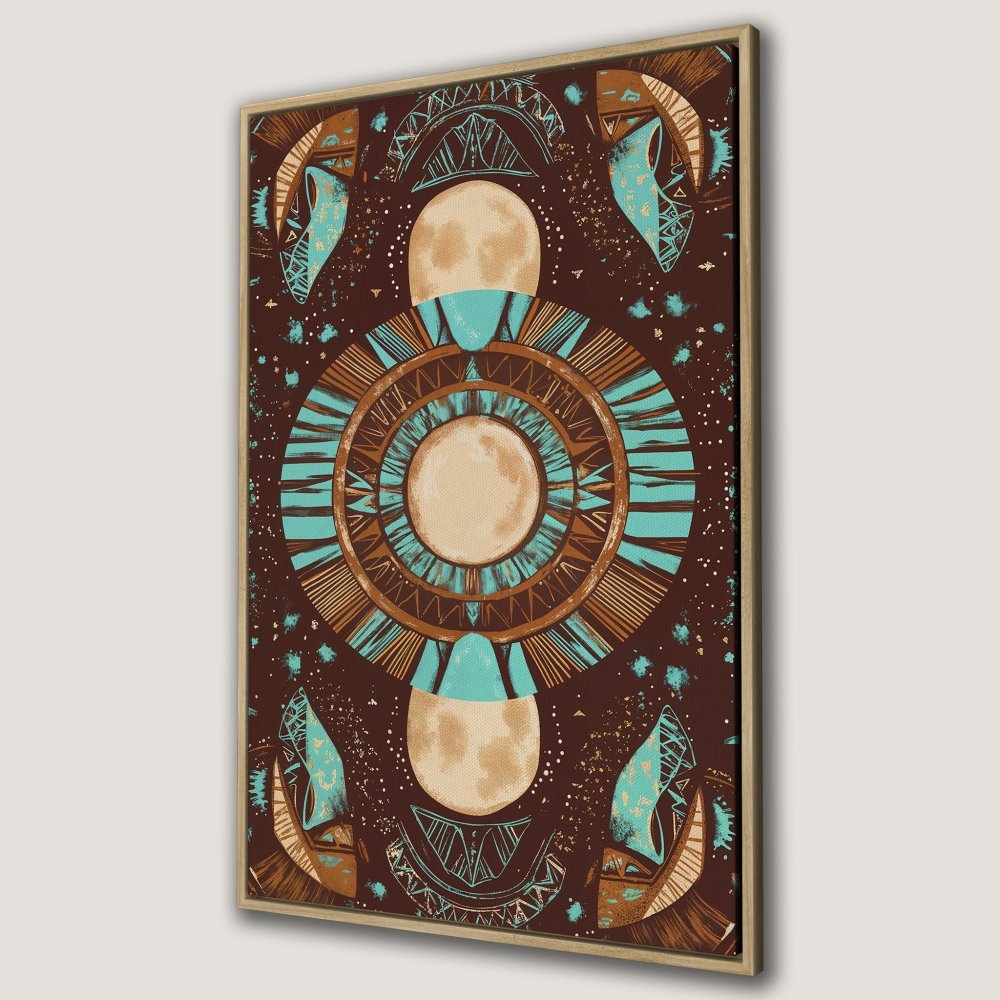 Framed Wall Art featuring a celestial design in brown, teal, and tan. Perfect for adding bohemian style to your home decor.
