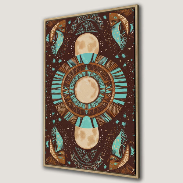 Framed Wall Art featuring a celestial design in brown, teal, and tan. Perfect for adding bohemian style to your home decor.
