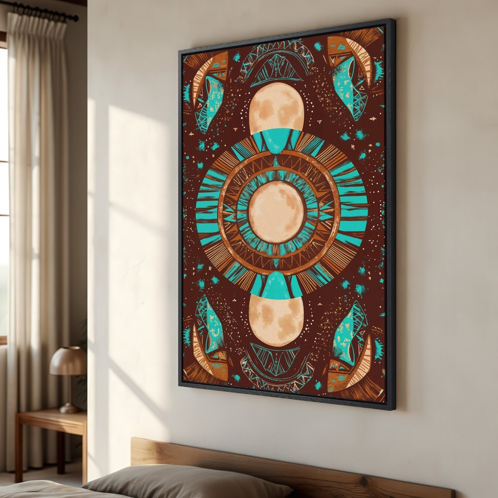Framed Wall Art: Boho-style Canvas Print with celestial design in teal, brown, and gold. Perfect for adding a unique touch to your bedroom decor.