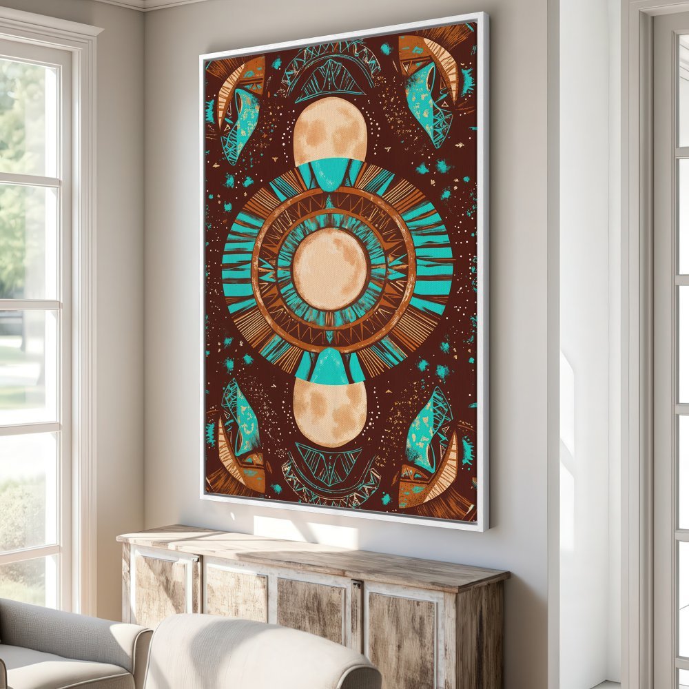 Framed Wall Art: Abstract geometric art print in teal, brown, and tan. Boho style Canvas Print adds a pop of color to your living room.