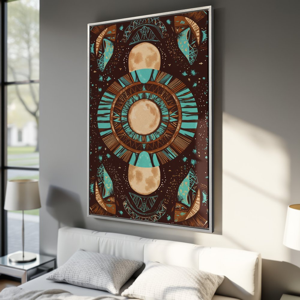 Framed Wall Art: Boho-style celestial design in brown, teal, and beige. Add unique art to your bedroom with this Canvas Print!