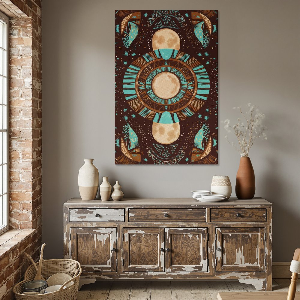 Framed Wall Art featuring a celestial design in teal and brown tones. Add bohemian style to your dining room with this unique Canvas Print.
