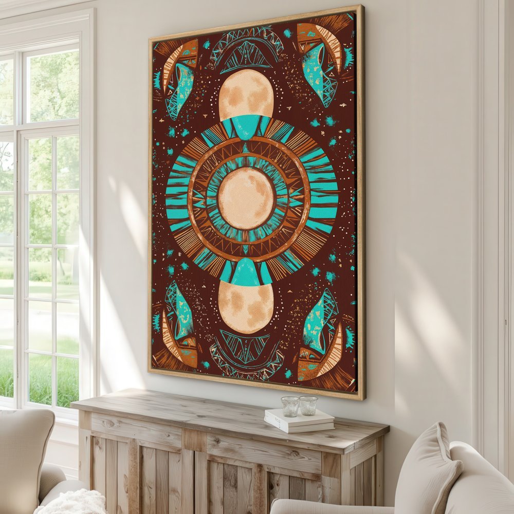 Framed Wall Art: Abstract moon design in teal, brown, and beige. Boho style canvas print for living room decor.